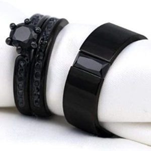 New His and Hers Matching Black Sapphire Wedding Rings 3piece Set Multiple Sizes